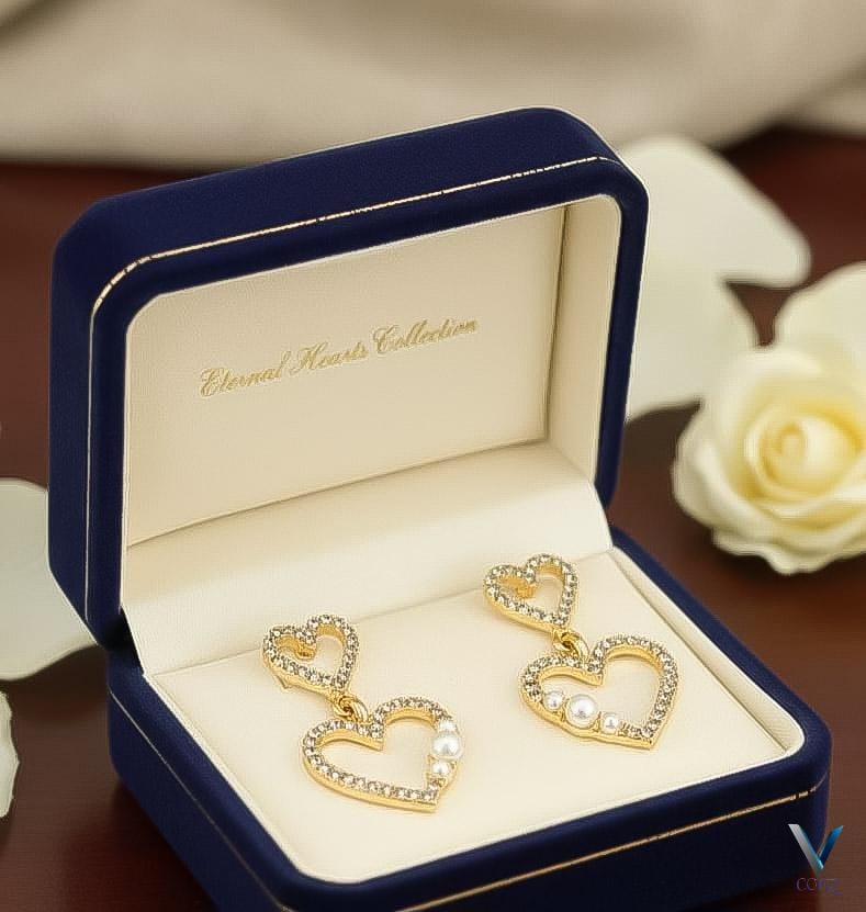 Luxury Double Heart Pearl Drop Earrings