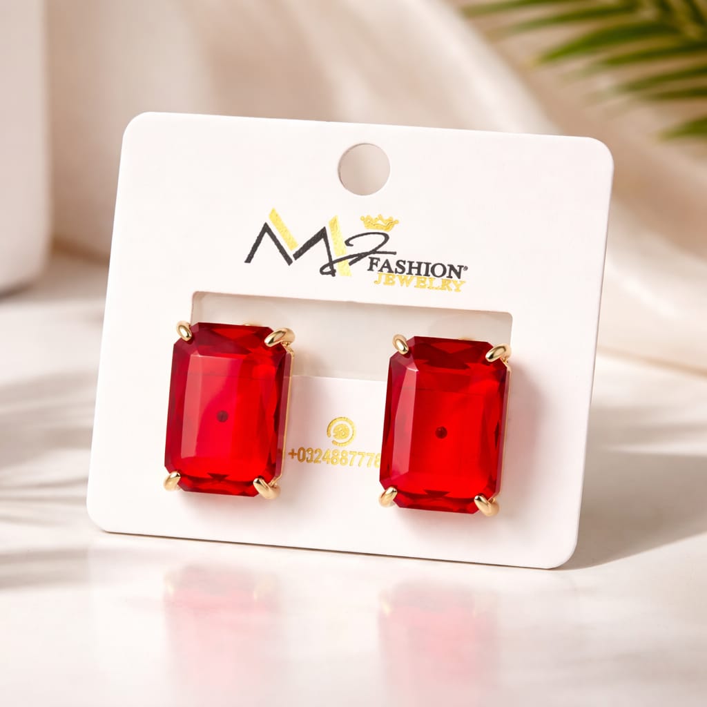 Premium Ruby Red Rectangle Earrings