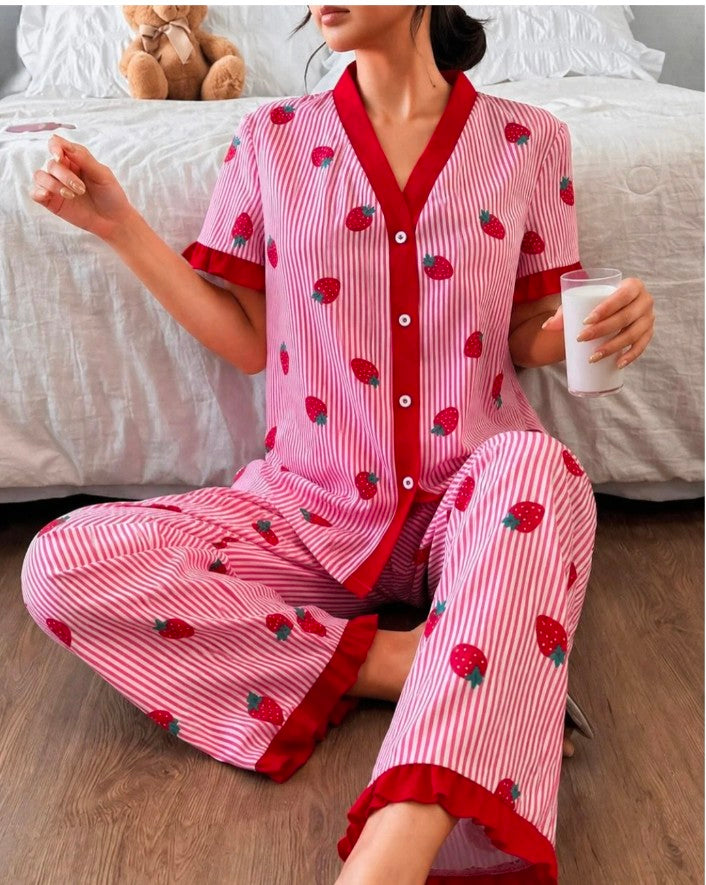 PINK AND RED STRAWBERRY PRINTED FRONT BUTTON NIGHT WEAR