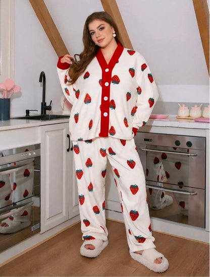 WHITE & RED STRAWBERRY PRINTED FRONT BUTTON NIGHT WEAR
