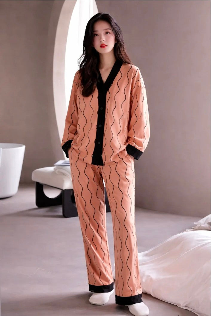 PEACH & BLACK LINING PRINTED FRONT BUTTON NIGHT WEAR