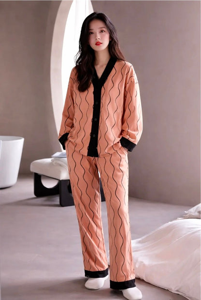 PEACH & BLACK LINING PRINTED FRONT BUTTON NIGHT WEAR
