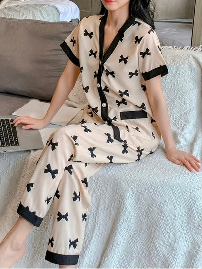 OFF-WHITE & BLACK BOW PRINTED FRONT BUTTON NIGHT WEAR