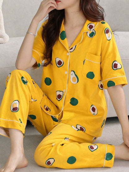 YELLOW AVOCADO PRINTED FRONT BUTTON NIGHT WEAR