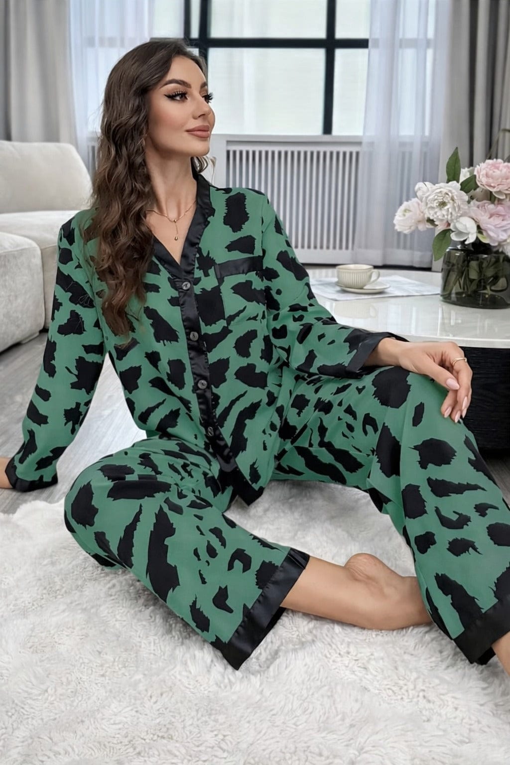 GREEN CHEETAH PRINTED FRONT BUTTON NIGHT WEAR
