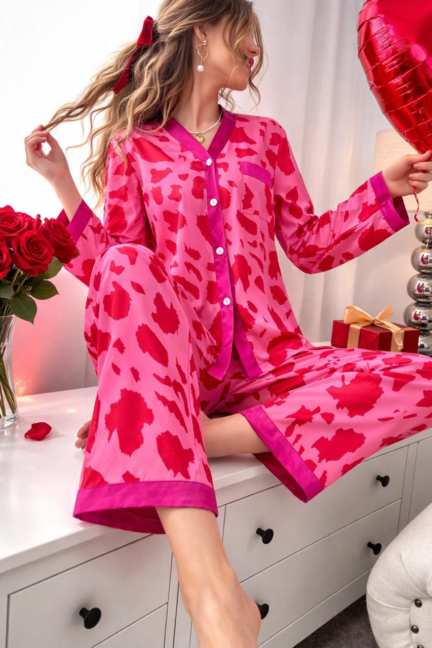 SHOCKING PINK CHEETAH PRINTED FRONT BUTTON NIGHT WEAR