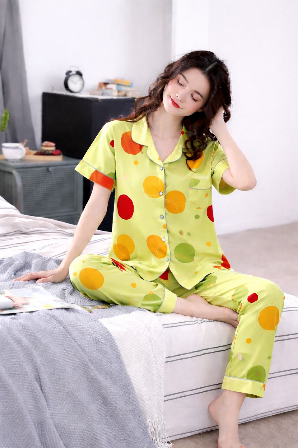 LIME GREEN MULTI DOTS PRINTED FRONT BUTTON NIGHT WEAR