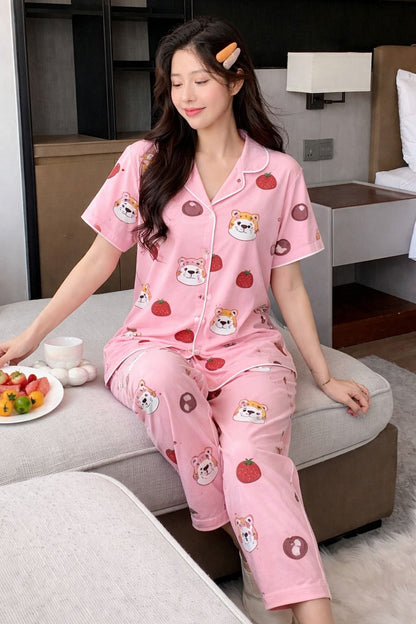 BABY PINK FLOWERS WITH BEARS PRINTED FRONT BUTTON NIGHT WEAR