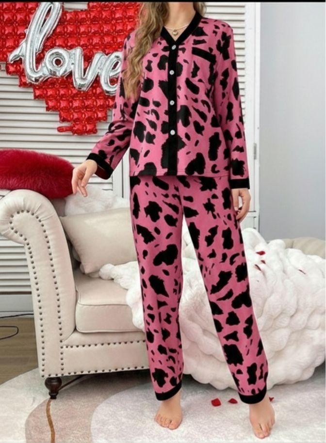 PINK WITH BLACK CHEETAH PRINTED FRONT BUTTON NIGHT WEAR