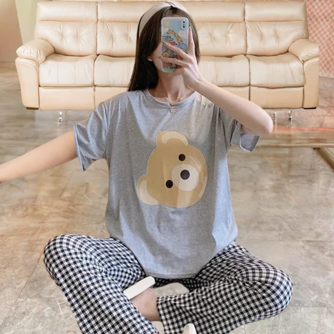 Cute Bear print Oversized T-SHIRT & Checkered Pajama Set