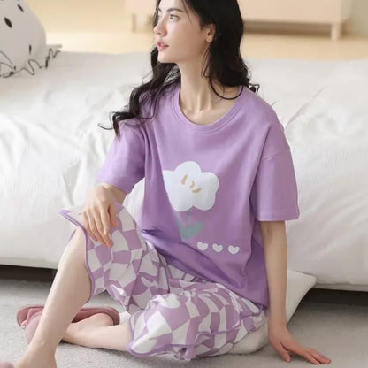 Purple Flower Print Night Suit - soft & stylish Pajama Set