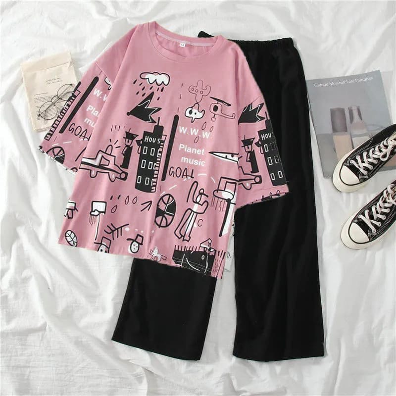 Pink Graphic Printed Night Suit - Soft cotton Pajama Set
