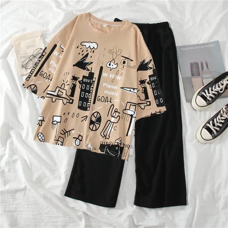 Peach Graphic Print Night Suit - premium cotton Pajama Set