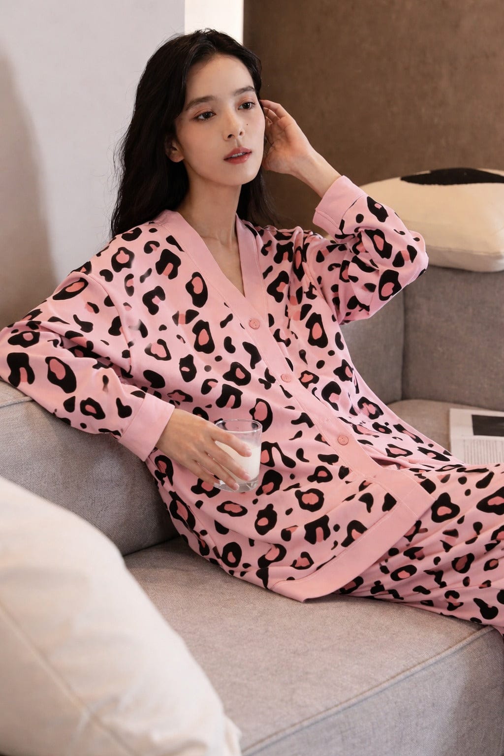 BABY PINK CHEETAH PRINTED FRONT BUTTON NIGHT WEAR