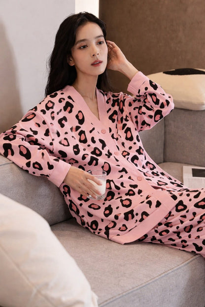 BABY PINK CHEETAH PRINTED FRONT BUTTON NIGHT WEAR