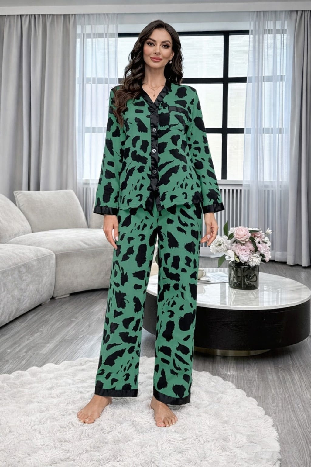 GREEN CHEETAH PRINTED FRONT BUTTON NIGHT WEAR