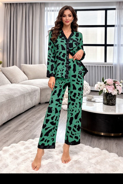 GREEN CHEETAH PRINTED FRONT BUTTON NIGHT WEAR