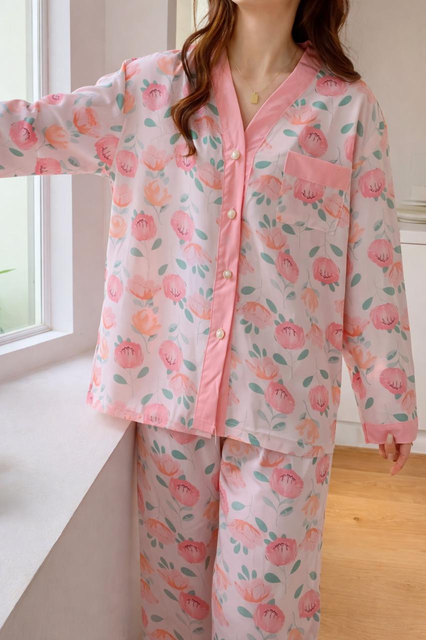 BABY PINK FLOWER PRINTED FRONT BUTTON NIGHT WEAR